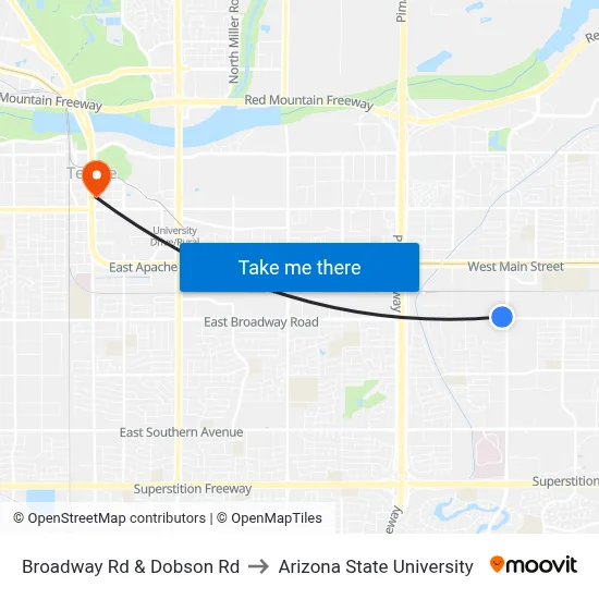 Broadway Rd & Dobson Rd to Arizona State University map