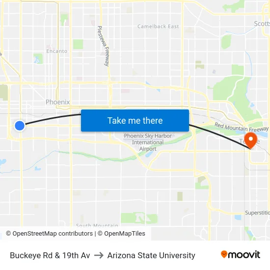 Buckeye Rd & 19th Av to Arizona State University map