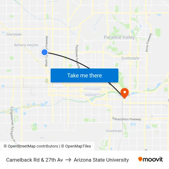 Camelback Rd & 27th Av to Arizona State University map