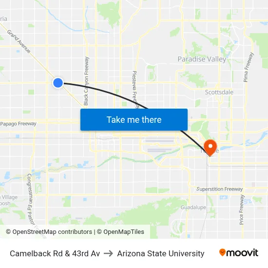 Camelback Rd & 43rd Av to Arizona State University map