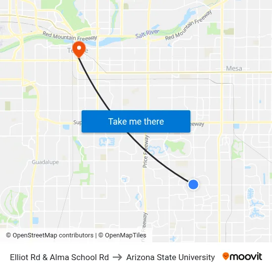 Elliot Rd & Alma School Rd to Arizona State University map