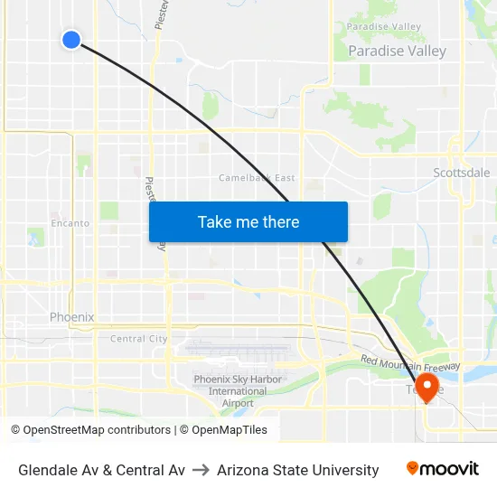 Glendale Av & Central Av to Arizona State University map