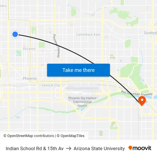 Indian School Rd & 15th Av to Arizona State University map