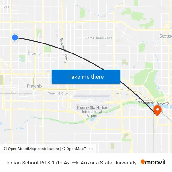 Indian School Rd & 17th Av to Arizona State University map