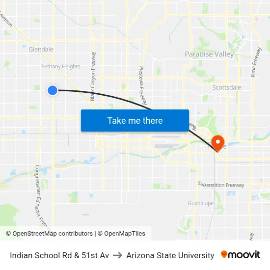 Indian School Rd & 51st Av to Arizona State University map