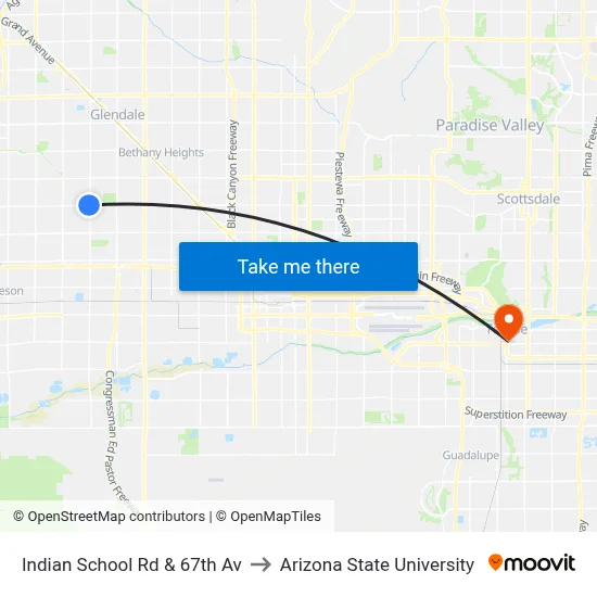Indian School Rd & 67th Av to Arizona State University map