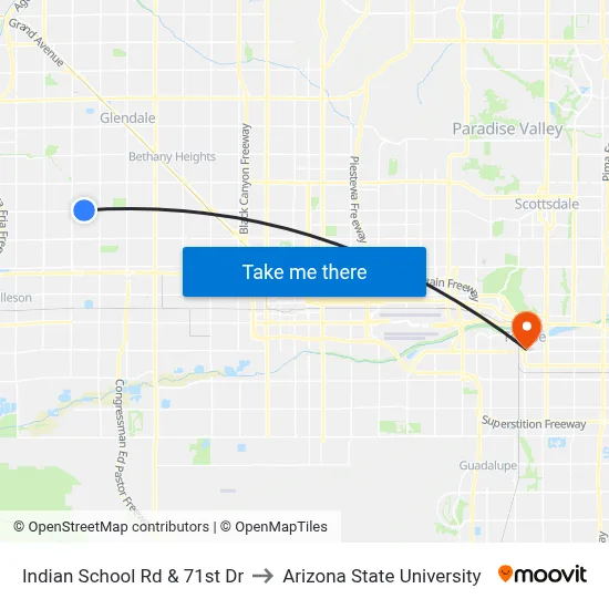 Indian School Rd & 71st Dr to Arizona State University map