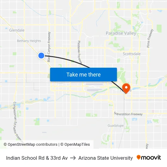 Indian School Rd & 33rd Av to Arizona State University map
