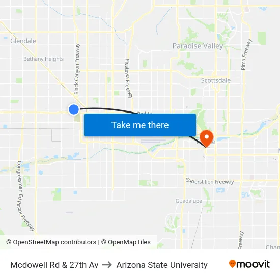 Mcdowell Rd & 27th Av to Arizona State University map