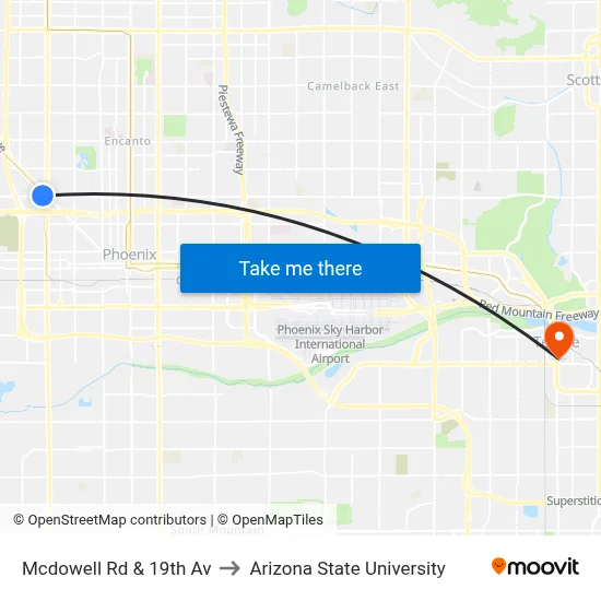 Mcdowell Rd & 19th Av to Arizona State University map