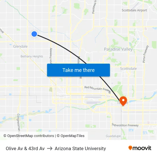 Olive Av & 43rd Av to Arizona State University map