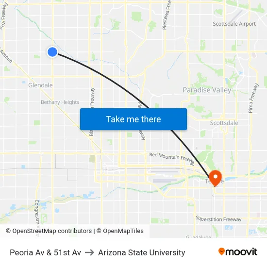 Peoria Av & 51st Av to Arizona State University map