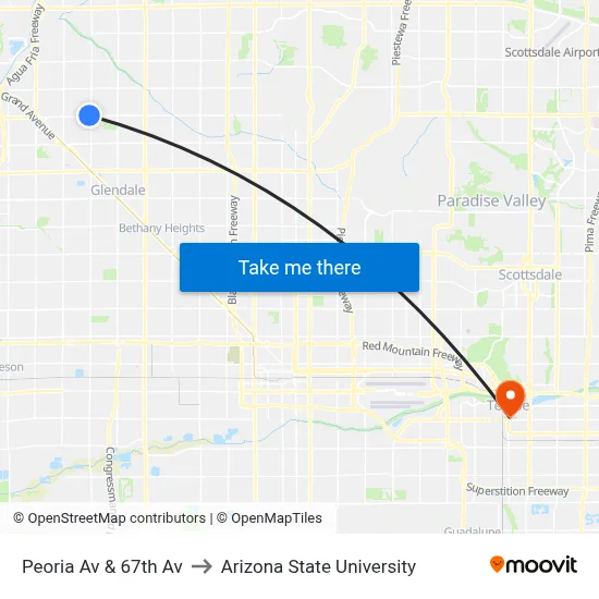 Peoria Av & 67th Av to Arizona State University map