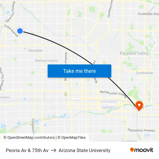 Peoria Av & 75th Av to Arizona State University map