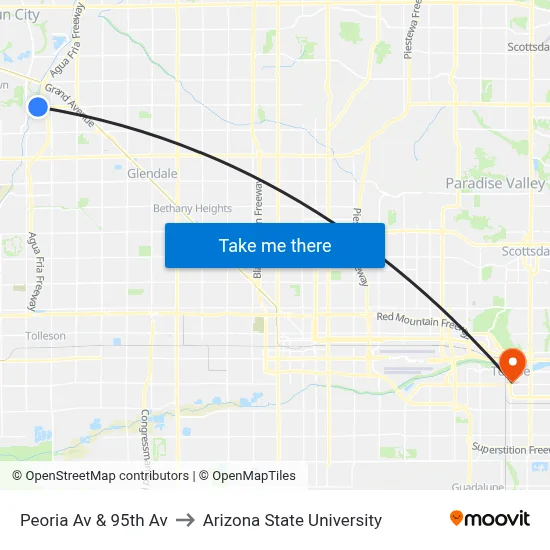 Peoria Av & 95th Av to Arizona State University map