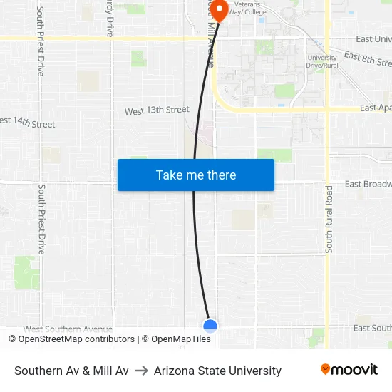 Southern Av & Mill Av to Arizona State University map