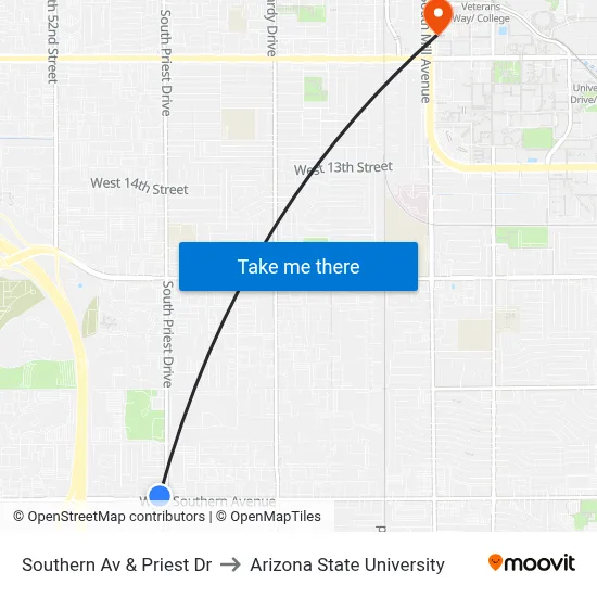 Southern Av & Priest Dr to Arizona State University map