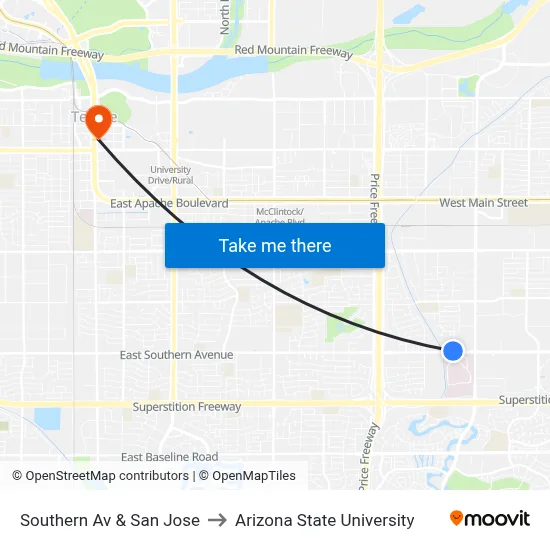 Southern Av & San Jose to Arizona State University map