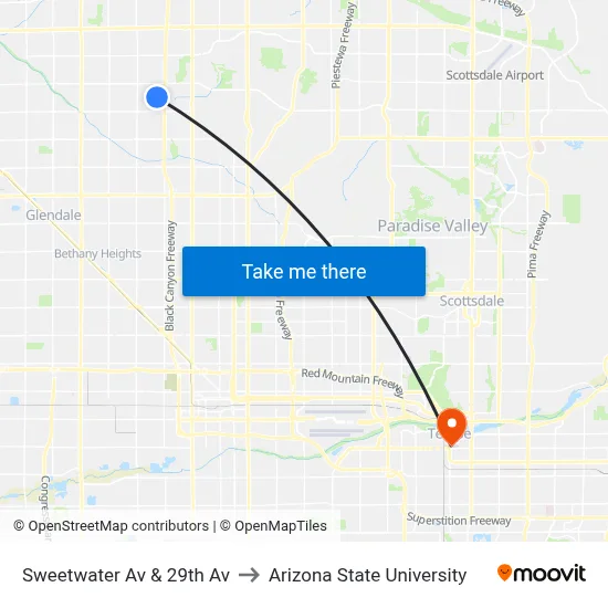 Sweetwater Av & 29th Av to Arizona State University map