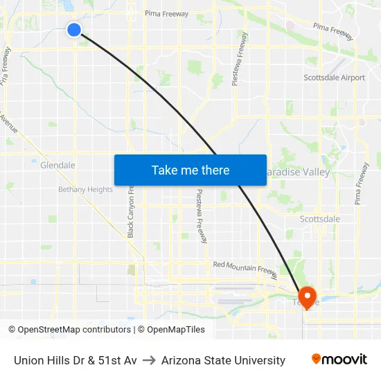 Union Hills Dr & 51st Av to Arizona State University map