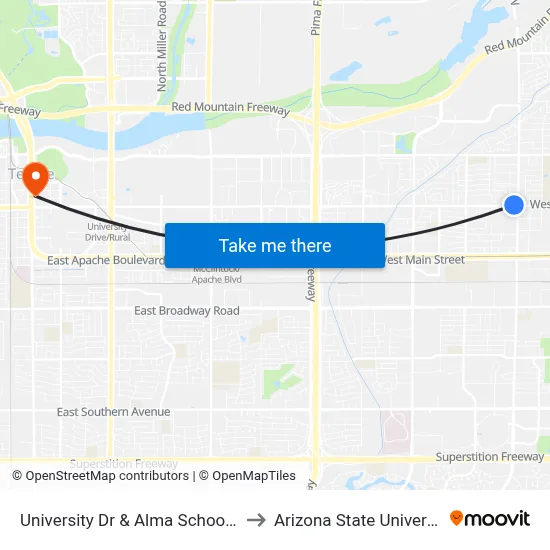 University Dr & Alma School Rd to Arizona State University map