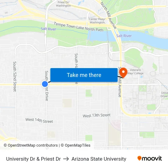 University Dr & Priest Dr to Arizona State University map