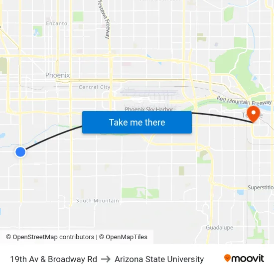 19th Av & Broadway Rd to Arizona State University map