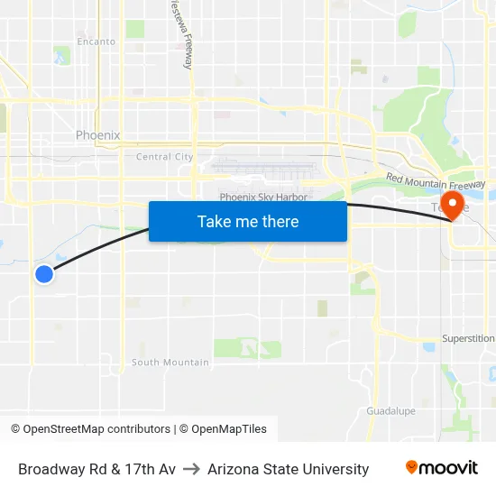 Broadway Rd & 17th Av to Arizona State University map
