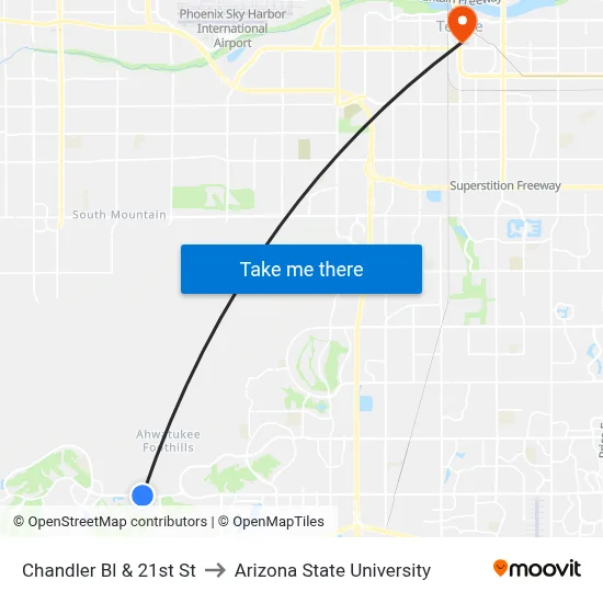 Chandler Bl & 21st St to Arizona State University map
