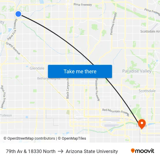 79th Av & 18330 North to Arizona State University map