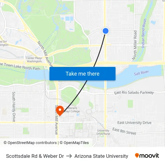 Scottsdale Rd & Weber Dr to Arizona State University map