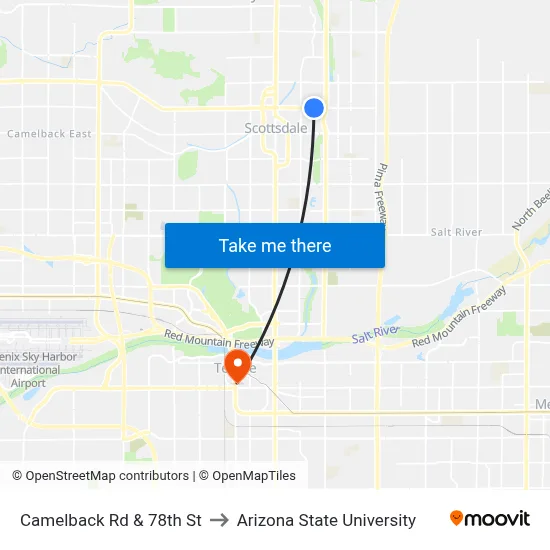 Camelback Rd & 78th St to Arizona State University map
