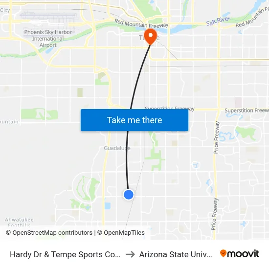 Hardy Dr & Tempe Sports Complex to Arizona State University map
