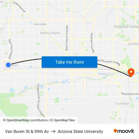 Van Buren St & 99th Av to Arizona State University map