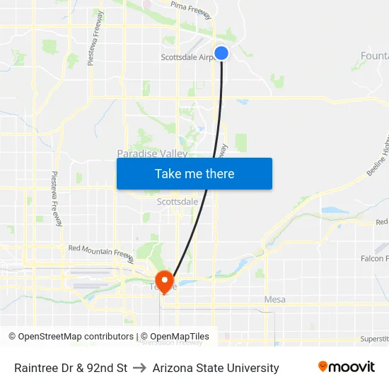 Raintree Dr & 92nd St to Arizona State University map