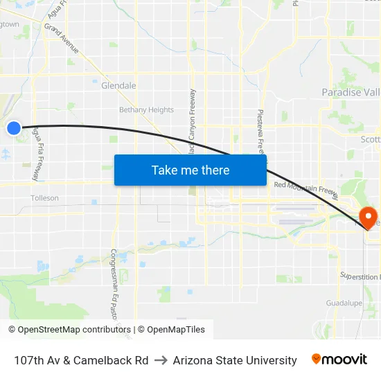 107th Av & Camelback Rd to Arizona State University map