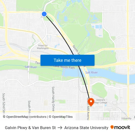 Galvin Pkwy & Van Buren St to Arizona State University map