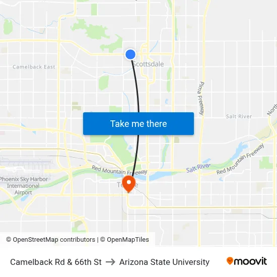 Camelback Rd & 66th St to Arizona State University map