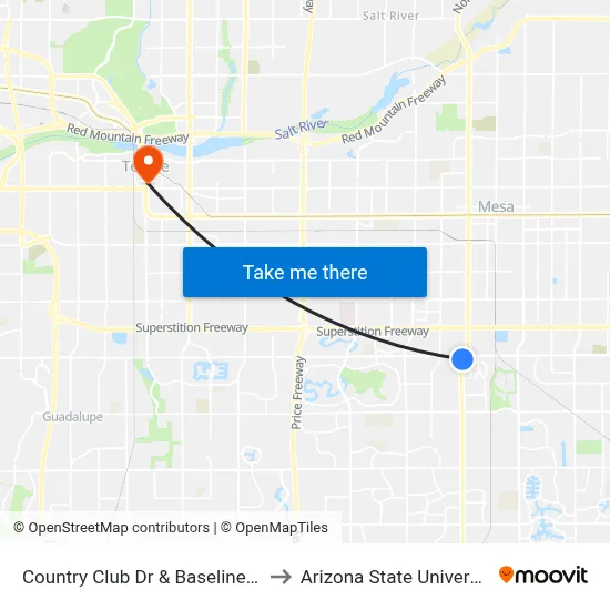 Country Club Dr & Baseline Rd to Arizona State University map
