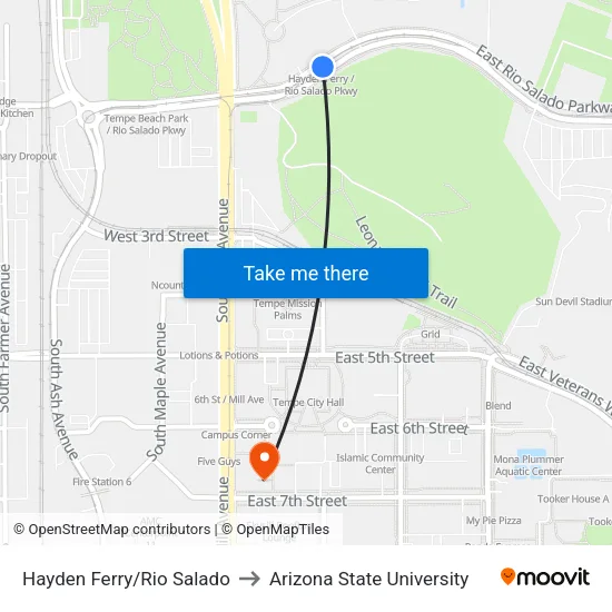 Hayden Ferry/Rio Salado to Arizona State University map