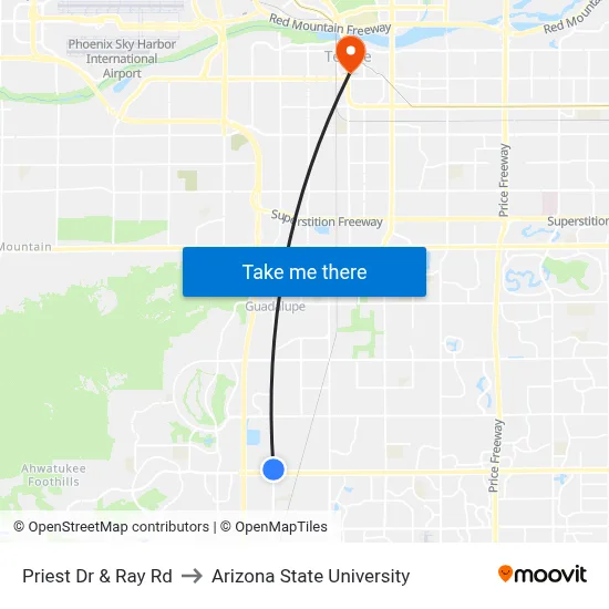 Priest Dr & Ray Rd to Arizona State University map