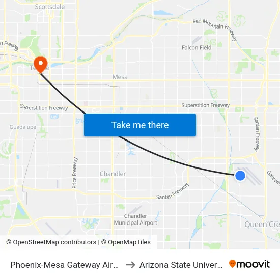 Phoenix-Mesa Gateway Airport to Arizona State University map