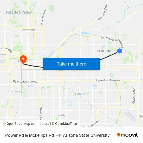 Power Rd & Mckellips Rd to Arizona State University map