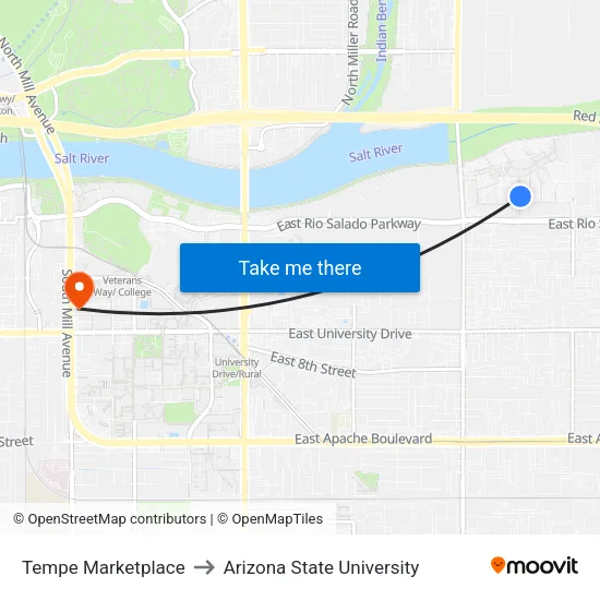 Tempe Marketplace to Arizona State University map