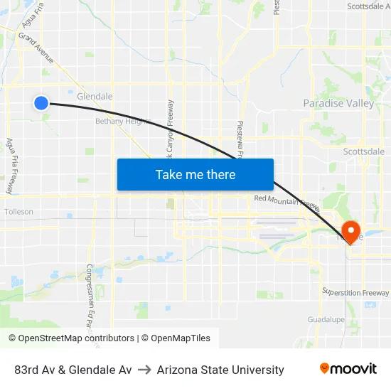 83rd Av & Glendale Av to Arizona State University map