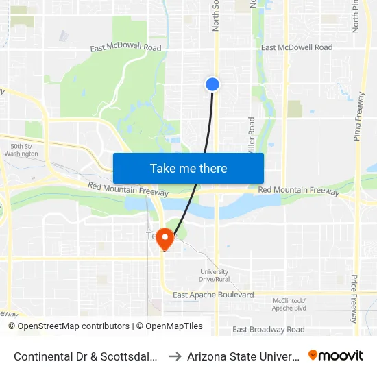 Continental Dr & Scottsdale Rd to Arizona State University map