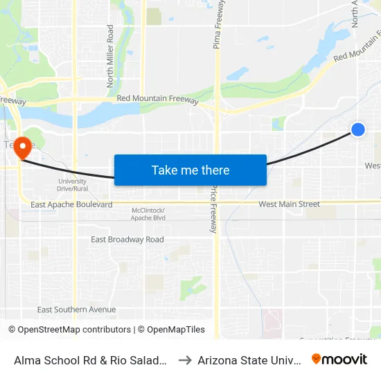 Alma School Rd & Rio Salado Pkwy to Arizona State University map