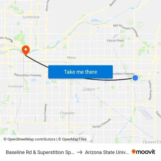 Baseline Rd & Superstition Springs Bl to Arizona State University map