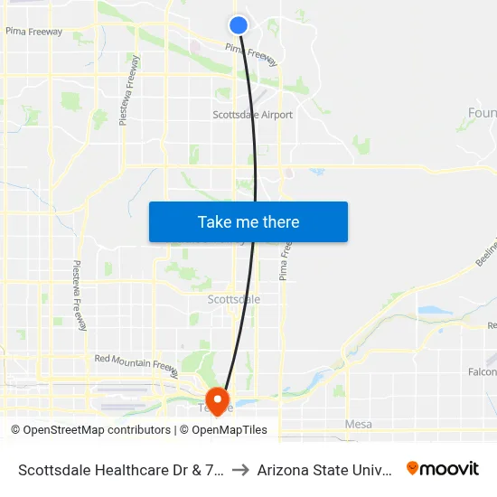 Scottsdale Healthcare Dr & 73rd St to Arizona State University map