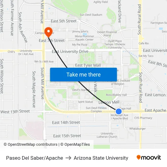 Paseo Del Saber/Apache to Arizona State University map